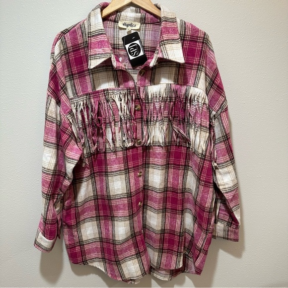 **NWT** Haptics Magenta Fringe Plaid Shacket - Picture 4 of 12